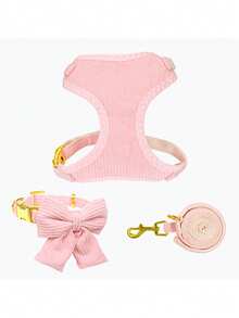 1pc Nylon Adjustable Pet Dog/Cat Collar & Leash Set With Bow Tie, Cute For Chihuahua, Poodle And Other Small/Medium Dogs - Pink - View 3