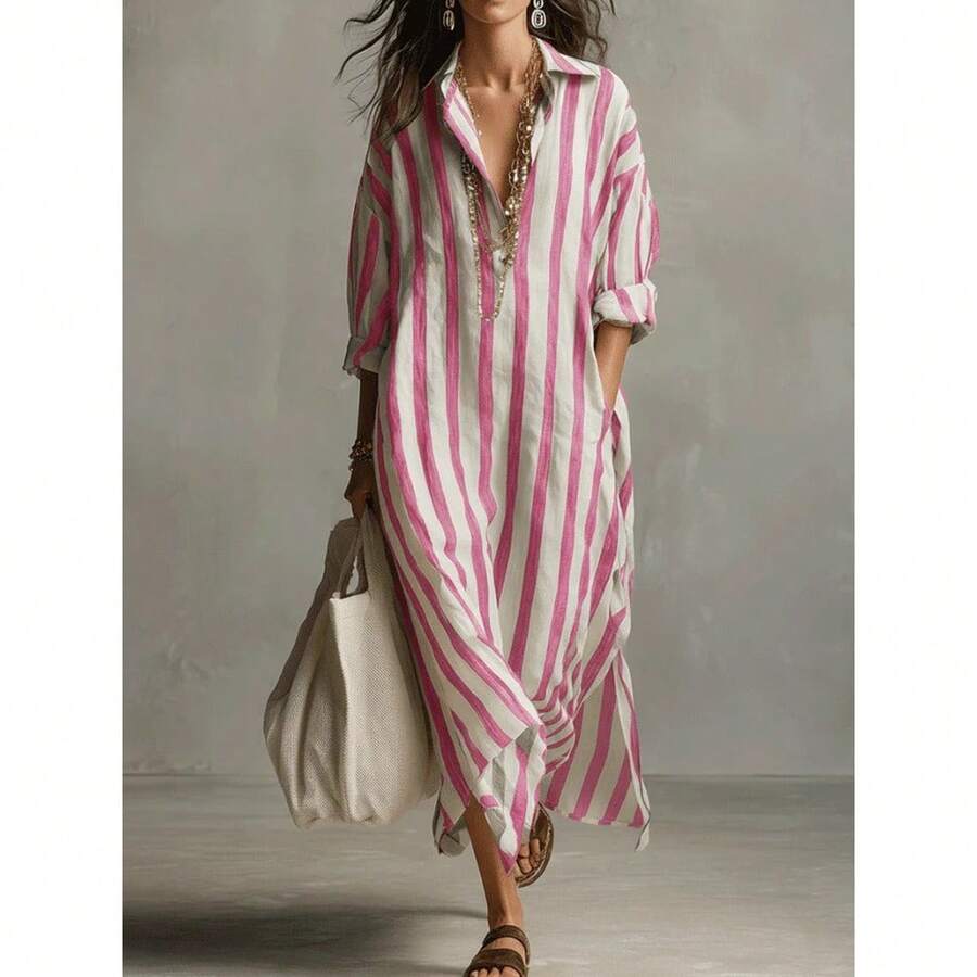 European And American Loose V-Neck Long Striped Summer Nine-Quarter Sleeve Women, Shirt And Dress,Conjunto Para Mujer - 粉紅色 - 查看 1