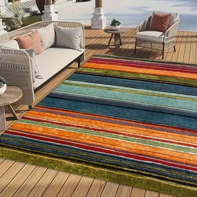 彩虹户外地毯、彩虹条纹户外地毯、彩色条纹地毯、彩虹装饰地毯、彩虹艺术垫、多色条纹地毯、北欧彩色地毯、现代彩虹家居地毯、彩虹风格装饰地毯