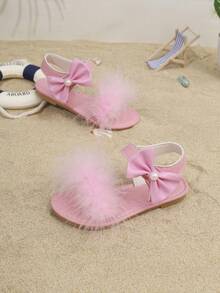 1双夏季粉色毛绒蝴蝶结女童凉鞋，软底防滑魔术贴透气沙滩鞋 - 粉色 - 查看 6