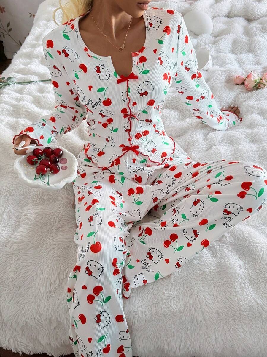 SANRIO 两件套女士睡衣套装，柔软长袖上衣和长裤睡衣，舒适休闲家居服，适合所有季节 - 白色 - 查看 1