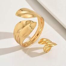 Set de 2 piezas de brazalete y anillo con diseño geométrico asimétrico y hoja lisa, accesorios de lujo exagerados de alta gama para fiesta casual unisex - Estilo de hoja - Ver 2