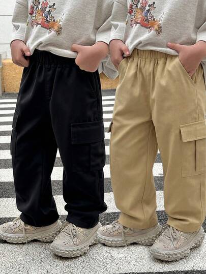 2pcs Young BoyCasual Multi-Pocket Design Straight Leg Pants, High Cost-Effective 2 Pieces Set