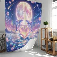 1pc/4pcs Magical Cartoon Dolphin & Crescent Moon Pattern Bathroom Decor Shower Curtain Set, Free 12 Hooks Included, Elegant Holiday Atmosphere, Bathroom Mat, U-Shaped Floor Mat And Round Toilet Mat, Suitable For All Scenarios Bathroom Set - C - View 2