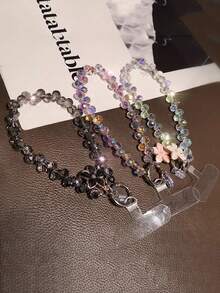 水晶花朵吊坠油滴手机链，独特高端女士手机壳挂饰，串珠手链，时尚短款腕带，户外旅行购物防丢手机挂绳 - 彩色 - 查看 10