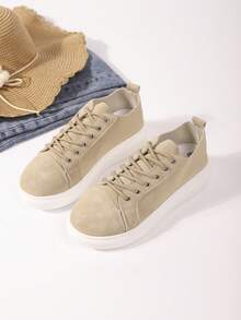 女士休闲厚底运动鞋，系带低帮舒适步行鞋，时尚日常休闲鞋 - 杏色 - 查看 5