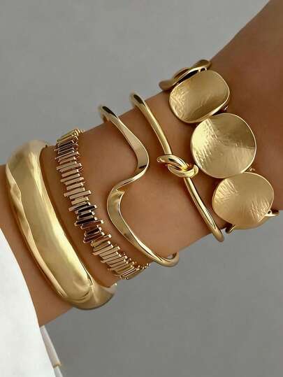 Set de 5 piezas de brazaletes abiertos vintage con diseño geométrico exagerado y multicapa, adecuado para uso diario y de fiesta de mujeres, regalo