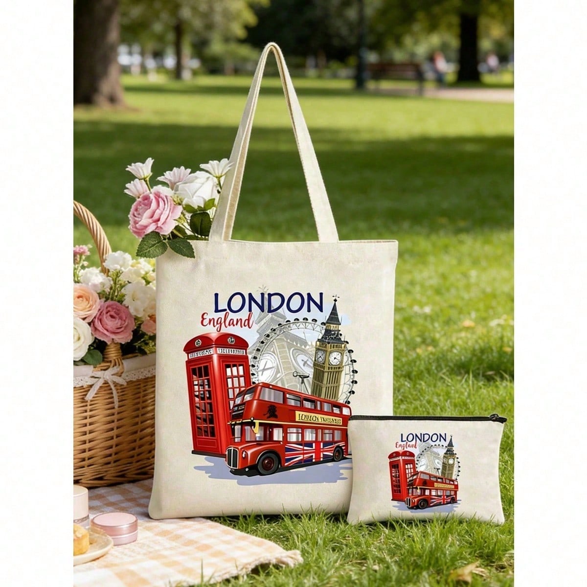 London England Print Canvas Tote Bag Set With Zipper Pouch, British Style Handbag, Vintage Big Ben & Red Bus Graphic Shoulder Bag, Reusable Shopping Bag & Cosmetic Clutch For Daily Use, Ideal For Travel, School, Shopping & Commutes, Suitable For Travelers, Students, Perfect For London Trips, Sightseeing, Grocery Runs & Gifting, Versatile As Tote Handbag, Pouch Wallet & Travel Souvenir Bag