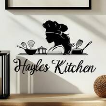 1pc "Hayles Kitchen" Decorative Kitchen Sticker. The Main Body Is A Silhouette Of A Woman Wearing A Chef's Hat, Surrounded By Kitchen Utensils Such As A Frying Pan, Whisk, And Spatula. The Overall Style Is Simple Yet Full Of A Homely Cooking Atmosphere, Used To Beautify The Kitchen Environment And Create A Warm Culinary Ambiance. - one-size - View 3