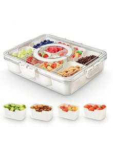 1Pc/Divided Serving Tray With Lid And Handle Divided Snack Box,Portable Snackle Box Snack Containers For Charcuterie, Party,Veggies, Snack, Fruit, Nuts, Candy, Chip, Entertaining, Picnic - White - View 2