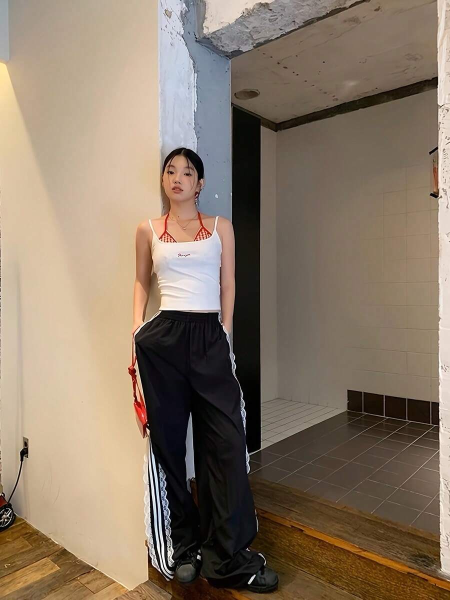 American Retro Lace Trim Patchwork Striped Casual Pants For Women, New Niche Design, Loose Wide-Leg Pants - 黑色 - 查看 1