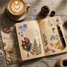 80 piezas/12 hojas Pegatinas de flores Flores prensadas y secas transparentes PET para scrapbooking, pegatinas de flores naturales para scrapbooking, planificador, diario desordenado, diario de balas - 80 piezas/12 hojas - Ver 8