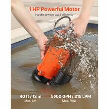 1 HP Submersible Trash Pump, 5000 GPH, 120V Cast Iron Submersible Sump Sewage Pump With 3 In Discharge, 40 Ft Max Lift, Drain Dirty Clean Water, For Pools, Garden, Pond, Basement, Flooded Areas - 5000 GPH - View 2