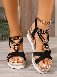 Giày sandal đế xuồng phong cách retro mùa hè 2025 dành cho nữ, kiểu bohemian, đế dây thừng đính hạt màu đen, cao gót 5.5cm. - màu đen - Xem 4