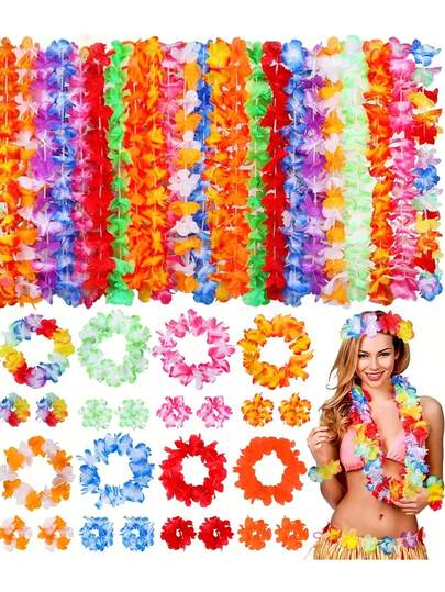 30/10件装彩色夏威夷花环，波西米亚风夏威夷花环 - 热带花卉项链，夏威夷派对装饰，适合海滩主题派对、生日、婚礼和度假