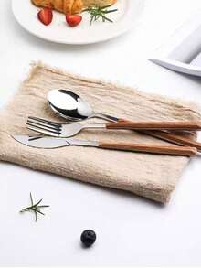 3pcs Faux Wooden Handle Knife, Fork And Spoon Set, Stainless Steel Steak Cutlery Flatware Set, Japanese Style - Brown - View 3