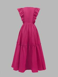 Plus Size Women's Elegant Vacation Solid Color Cap Sleeve Ruched Patchwork Short Casual Dress, Spring/Summer - Hot Pink - View 3