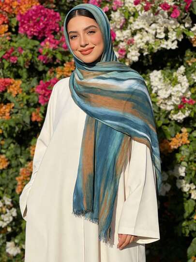 Tie Dye Tie-Dye Tassel Scarf, Lightweight Breathable Headscarf, Artistic Shawl, Watercolor Tie Dye Striped Fringed Scarf, Soft Ambiance Headwrap, Boho Tie Dye Contrast Color Tassel Scarf, Muslim Headscarf,Beach,Holiday