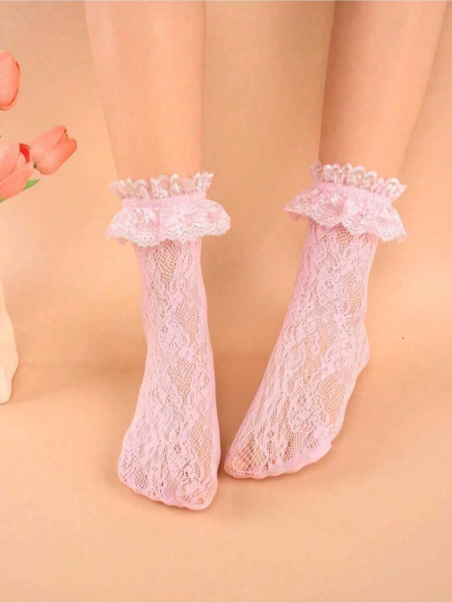 半双装女士蕾丝中筒袜，大蕾丝边，弹性镂空网眼长袜，可爱蕾丝风格袜子 - 彩色 - 查看 1
