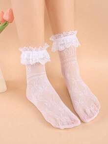 半双装女士蕾丝中筒袜，大蕾丝边，弹性镂空网眼长袜，可爱蕾丝风格袜子 - 彩色 - 查看 2
