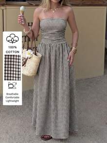PoPoHouse 女士纯棉夏季优雅格纹印花无肩带长款连衣裙，性感露背修身褶皱飘逸连衣裙，适合休闲时尚的海滩度假日常外出穿着，棕白格纹连衣裙 - 棕色 - 查看 1
