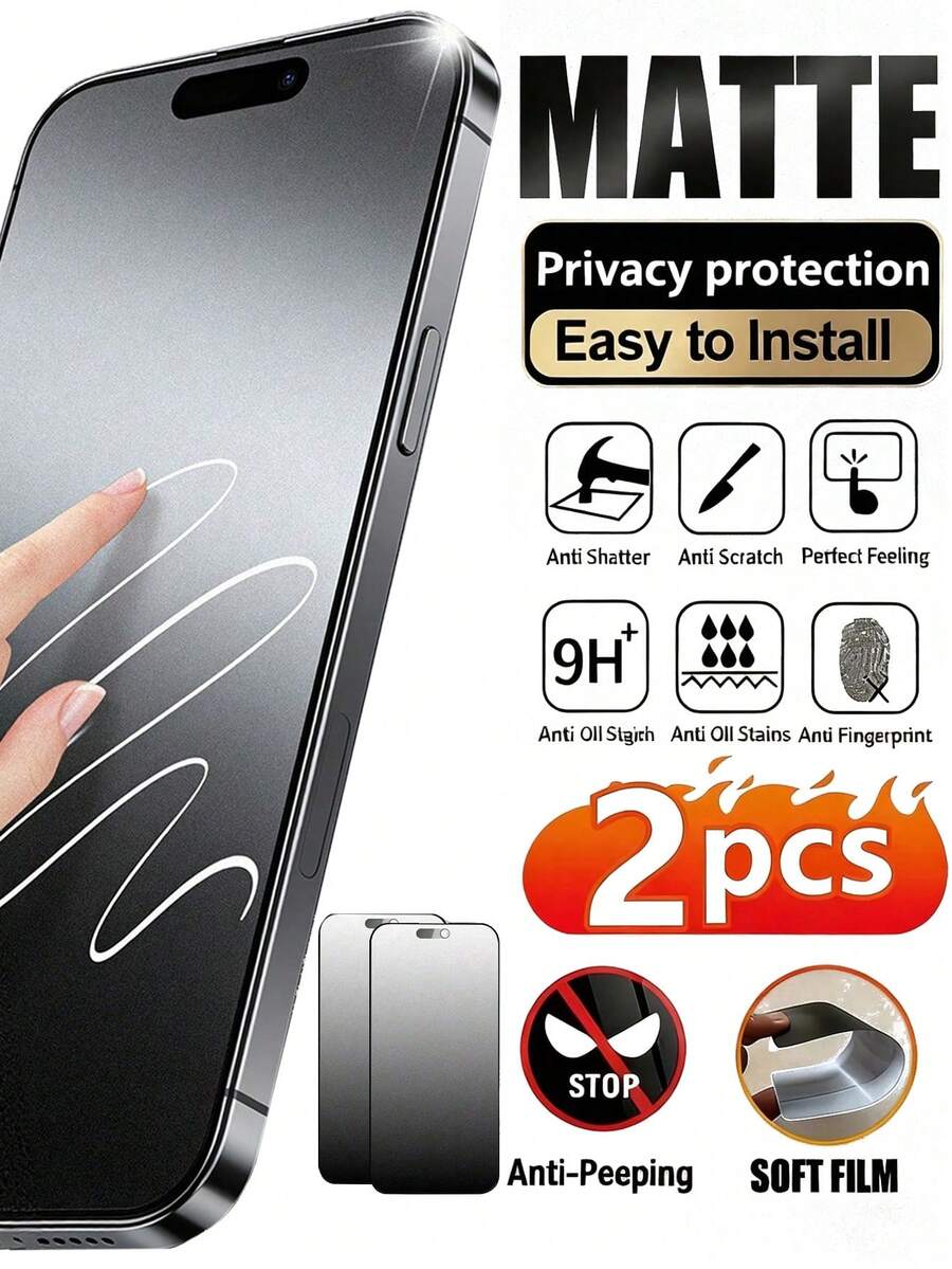 2pcs Matte Screen Privacy Protector, Anti-Scratch Anti-Shock, Physical Anti-Fingerprint, Protect Screen Privacy, Frosted Texture, Suitable Compatible With Apple X/XR/11/12/13/14/15/16/17 Series - Black - View 1