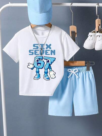 男婴卡通印花短袖T恤和短裤休闲套装