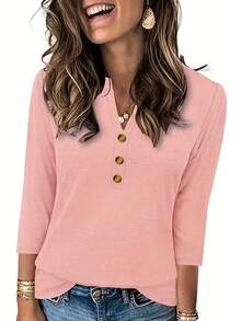 Kaos Wanita Lengan 3/4 Leher V, Kain Rajut dengan Detail Kancing, Atasan Panjang Standar - Cocok untuk Pakaian Kasual dan Pakaian Rumahan Musim Semi/Panas, Warna Pink - Berwarna merah muda - View 4