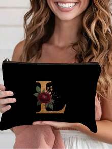 1pc A-Z Letter & Floral Print Cosmetic Bag, Modern Style Polyester Lightweight Travel Organizer - Multicolor - View 13