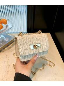 米色编织手提包，休闲风格，饰以叶子图案 - 米色 - 查看 1