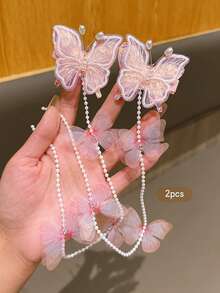 2pcs Pink Butterfly Tassel Hair Clips, Sweet Style Hair Accessories Suitable For Daily Use - Multicolor - View 3