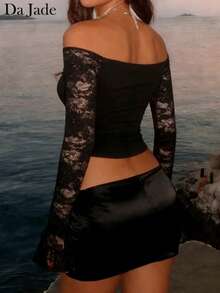 Da Jade 女士纯性感甜美酷感黑色露肩蕾丝拼接喇叭袖褶皱露背短款上衣，适合春秋季约会、度假、派对、外出等场合，Y2K风格长袖上衣 - 黑色 - 查看 3