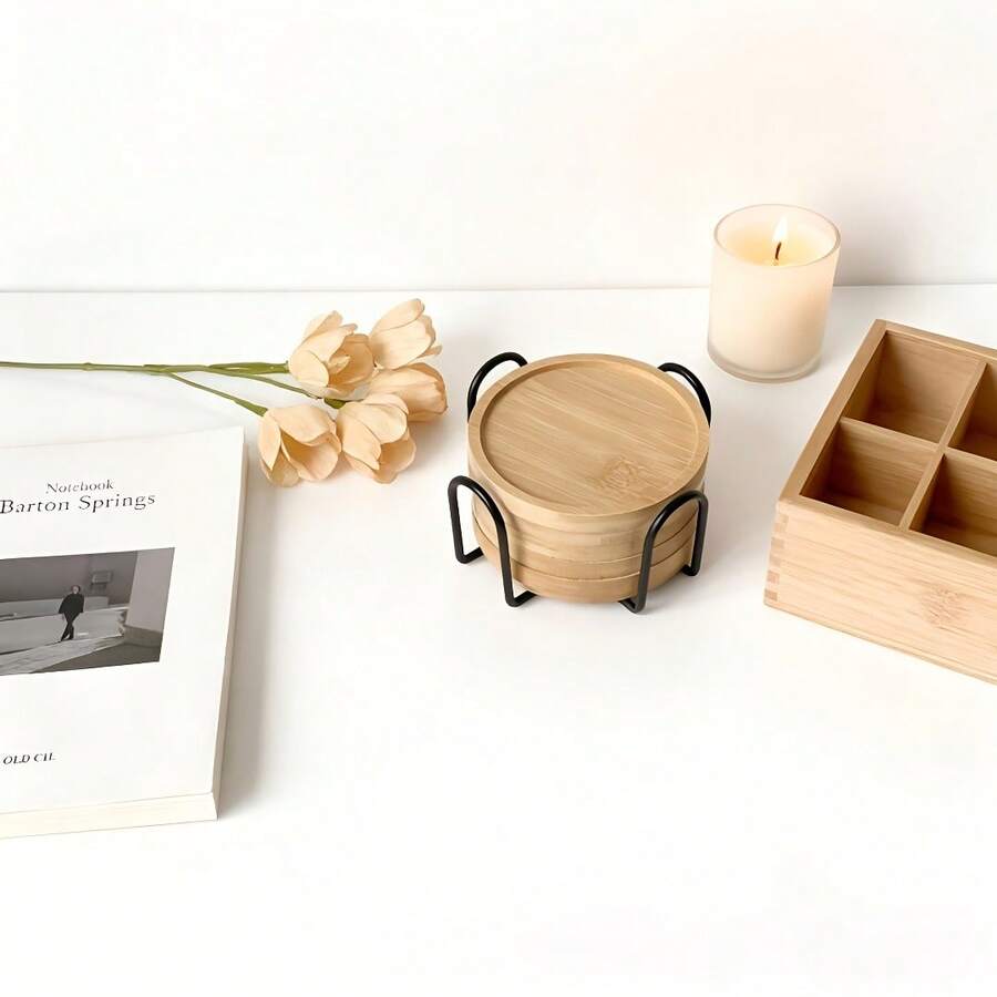 6件套日式竹木耐热杯垫，含1个铁架，木质茶杯垫，圆形耐热茶垫，禅意家居木质杯垫 - 彩色 - 查看 1