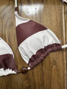 2pcs Striped Elegant Backless Bikini Set With Beaded Accessories, Beach Bikini Set - Multicolor - View 3