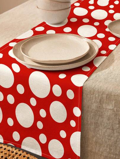 1 pieza Camino de mesa de lino con patrón artístico de lunares, adecuado para fiestas, cumpleaños, cenas, decoración de cocina y comedor, cubierta para mueble de zapatos, decoración de temporada y textil para el hogar