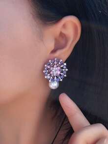 1 par de pendientes de gota con flor geométrica y perla, chapados en plata con circonita cúbica morada y rosa, joyería de CZ para boda, compromiso, baile de graduación, disfraz, accesorios para novias, damas de honor, uso diario - Morado - Ver 4