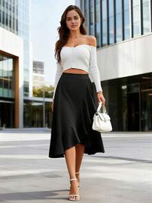 Fashionable Black Mid-Length Asymmetric Ruffle Hem Skirt, Polyester Fabric, Elegant Design With Front Short Back Long Style Spring - Black - View 4