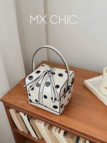 1个女士PU手提包，时尚波点印花方形盒包，单肩斜挎两用，适合通勤、购物、送礼 - 米色 - 查看 1