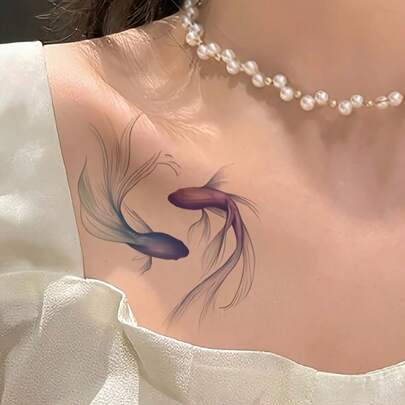 1 Set Mermaid Twin Fish Encircle Pattern Temporary Tattoo Sticker, Long-Lasting, Realistic Appearance, Waterless, Glare-Free Fake Tattoo, Unisex, Ideal Gift Choice