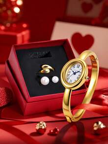 LUCKYFOX 女士石英表礼盒套装，含手链，简约休闲复古锌合金方形皮表带石英表及手链礼盒套装，附赠贺卡 - 金色 - 查看 10