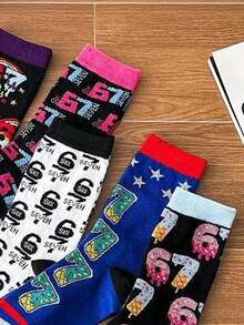 5 双街头风 67 号卡通甜甜圈印花中筒袜，百搭 - 彩色 - 查看 6