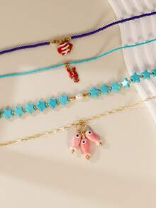 4pcs Bohemian Clownfish, Lobster, Starfish & Turquoise Pendant Beaded Necklace Set, Multi-Layer Wearable Necklace, Summer Beach Jewelry For Women - Multicolor - View 4