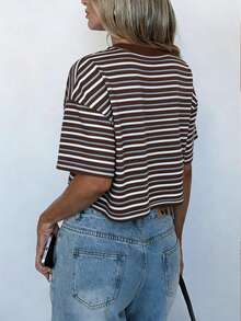 Atasan Wanita Ukuran Besar Motif Garis-Garis Warna-warni Leher Bulat Pendek Bahan Rajut Elastis Sedang Panjang Reguler untuk Musim Panas dan Kasual - Coffee Brown - View 7