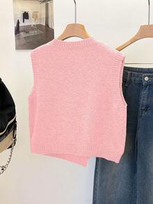 1 chiếc áo vest len ngắn không tay cổ tròn màu trơn, thiết kế cúc bất đối xứng, kiểu dáng thời trang, đa năng cho mùa hè. - Màu Hồng baby - Xem 3