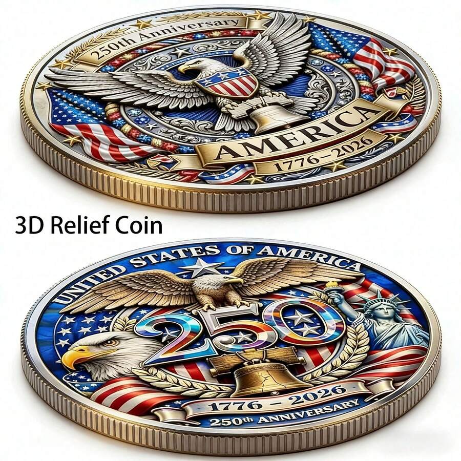 Kumim Replica Coin, 3D Embossed Coin, 250th Anniversary Commemorative Coin, White Eagle Commemorative Coin, 1776-2026 Anniversary Commemorative Coin, Creative Commemorative Coin, Double-Sided Historical Design, Collectible Commemorative Coin, 250th Anniversary Commemorative Gift, Suitable For Christmas, Halloween, Valentine's Day Gifts And Display Commemorative Coin Gifts - 金色 - 查看 1