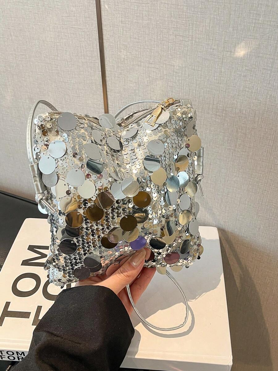 2026 New Sequin Glitter Nightclub Party Clutch Bag, Fashionable High-End Versatile Crossbody Phone Bag - Silver - View 1
