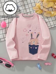 Easter Young Girl Long Sleeve T-Shirt, Cartoon Rabbit & Flower Print, Fashionable Casual Tops For Autumn - Dusty Pink - View 1