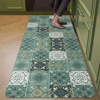 1pc Vintage Green Square Brick Texture Silica Gel Kitchen Mat, Kitchen Rug, Doormat, Small Rug, Carpet, Runner, Floor Mat, Home Decor, Area Rug, Outdoor Mat, Bedroom Carpet, Washable & Durable Rug