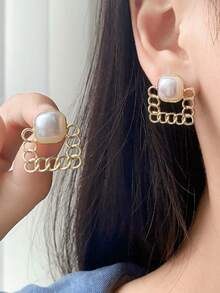 1 Pair Elegant Geometric Square Faux Pearl Earrings, Fashionable Unique Versatile Earrings Suitable For Women's Daily And Holiday Wear - Geometric Square - View 7