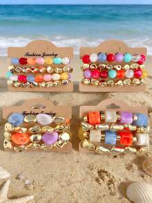 Betykuku 4 piezas Pulsera de verano colorida y dulce tipo Candy, pulsera elástica con cuentas para playa y vacaciones, joyería resistente al desgaste como regalo para mujeres y niñas, para uso casual y de fiesta - CONJUNTO C - Ver 2
